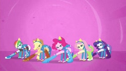 Size: 1024x576 | Tagged: safe, derpibooru import, screencap, applejack, fluttershy, pinkie pie, rainbow dash, rarity, equestria girls, equestria girls (movie), helping twilight win the crown, lidded eyes, out of context