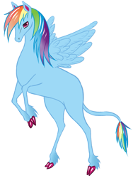 Size: 679x905 | Tagged: safe, artist:ameondine, derpibooru import, rainbow dash, pegasus, pony, cloven hooves, female, leonine tail, mare, missing cutie mark, simple background, solo, spread wings, style emulation, the last unicorn, unshorn fetlocks, white background, wings