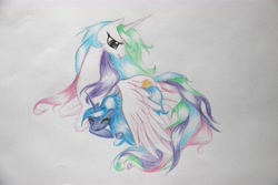 Size: 5184x3456 | Tagged: safe, artist:ablm, princess celestia, princess luna, alicorn, pony, eyes closed, happy, hug, prone, smiling, traditional art, winghug