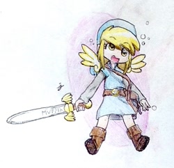 Size: 585x565 | Tagged: safe, artist:sketchrandom, derpy hooves, human, humanized, solo, sword, traditional art