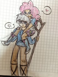 Size: 956x1280 | Tagged: safe, artist:franny-draws-shit, pinkie pie, equestria girls, crossover shipping, female, heart, jack frost, male, straight, traditional art