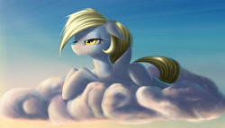 Size: 1944x1111 | Tagged: safe, artist:zigword, derpy hooves, pegasus, pony, cloud, female, mare, morning ponies, solo
