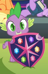 Size: 657x1019 | Tagged: safe, screencap, applejack, spike, starlight glimmer, twilight sparkle, twilight sparkle (alicorn), alicorn, dragon, earth pony, pony, school daze, season 8, spoiler:s08, claws, cropped, male, offscreen character, school of friendship, shield, smiling, solo