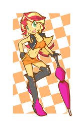Size: 800x1200 | Tagged: safe, artist:rvceric, sunset shimmer, equestria girls, adorasexy, alternate costumes, boots, breasts, cleavage, clothes, cute, female, fingerless gloves, gloves, high heel boots, looking at you, miniskirt, race queen, sexy, shimmerbetes, shoes, skirt, smiling, solo, umbrella