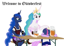 Size: 994x712 | Tagged: safe, artist:ledaverix, princess celestia, princess luna, twilight sparkle, anthro, semi-anthro, alcohol, beer, clothes, dirndl, dress, drunk, drunk twilight, oktoberfest, simple background