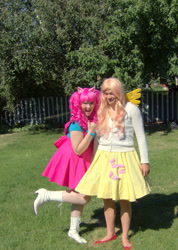 Size: 728x1024 | Tagged: safe, artist:eli-cosplay, fluttershy, pinkie pie, human, cosplay, irl, irl human, photo