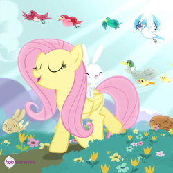 Size: 550x550 | Tagged: safe, screencap, angel bunny, fluttershy, bird, blue jay, duck, mallard, pegasus, pony, rabbit, filli vanilli, duckling, female, house finch, hub logo, hub network, male, mare, official, songbird, the hub