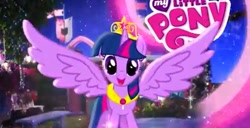 Size: 529x270 | Tagged: safe, derpibooru import, screencap, twilight sparkle, twilight sparkle (alicorn), alicorn, pony, commercial, cute, female, happy, mare, my little pony logo, solo, spread wings, twiabetes