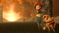 Size: 1920x1080 | Tagged: safe, artist:jarg1994, sunset shimmer, pony, unicorn, equestria girls, 3d, autumn, clothes, crossed arms, female, human ponidox, jacket, leaning, looking at each other, mare, raised hoof, scenery, self ponidox, shirt, source filmmaker, sunset, sunset shimmer day, tree