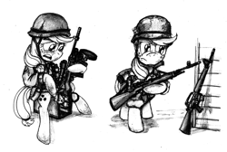 Size: 1280x858 | Tagged: safe, artist:buckweiser, applejack, earth pony, pony, clothes, gun, helmet, m1 carbine, m14, m16, military, monochrome, rifle, traditional art, vietnam, vietnam war, weapon