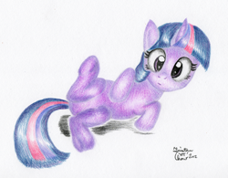 Size: 2000x1556 | Tagged: safe, artist:kuroitsubasatenshi, derpibooru import, twilight sparkle, filly, filly twilight sparkle, on back, solo, traditional art