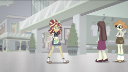 Size: 1136x640 | Tagged: safe, screencap, scribble dee, sunset shimmer, velvet sky, eqg summertime shorts, equestria girls, good vibes, alternate hairstyle, background human, canterlot mall, geta, sandals, sunset sushi