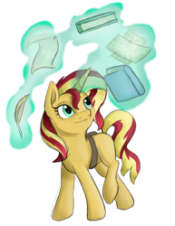 Size: 1350x1750 | Tagged: dead source, safe, artist:theshadowstone, sunset shimmer, pony, unicorn, book, female, levitation, magic, mare, paper, quill, simple background, solo, sunset shimmer day, telekinesis, transparent background