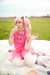 Size: 467x700 | Tagged: safe, artist:teacup-sora, pinkie pie, human, cosplay, cupcake, eating, irl, irl human, photo, solo