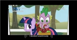 Size: 640x338 | Tagged: safe, derpibooru import, screencap, spike, twilight sparkle, dragon, applebuck season, chat, japanese dub, tomodachi wa mahou, youtube caption