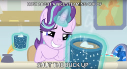 Size: 2880x1569 | Tagged: safe, edit, edited screencap, screencap, starlight glimmer, pony, unicorn, marks for effort, empathy cocoa, guidance counselor, image macro, meme, solo, vulgar