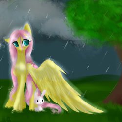 Size: 2800x2800 | Tagged: safe, artist:alicjaspring, angel bunny, fluttershy, pegasus, pony, rain, wing umbrella