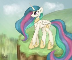 Size: 2551x2126 | Tagged: safe, artist:astralispl, princess celestia, alicorn, pony, cliff, female, horn, mare, multicolored mane, solo, white coat