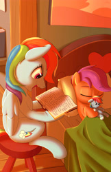 Size: 3300x5100 | Tagged: safe, artist:dmann892, derpibooru import, rainbow dash, scootaloo, pegasus, pony, backwards cutie mark, bed, bedroom, best pony, book, chair, cute, cutealoo, fanfic, female, filly, heartwarming, implied appledash, implied lesbian, implied shipping, mare, plushie, reading, scootalove, smiling