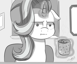 Size: 3000x2500 | Tagged: safe, artist:alesarox, starlight glimmer, pony, unicorn, marks for effort, :i, chocolate, cup, empathy cocoa, female, food, glow, grayscale, hot chocolate, i mean i see, levitation, magic, monochrome, scene interpretation, solo, telekinesis