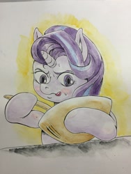 Size: 2448x3264 | Tagged: safe, artist:nipa, starlight glimmer, pony, unicorn, blush sticker, blushing, bowl, female, mare, mixing, mixing bowl, solo, spoon, sweat, table, tongue out, traditional art