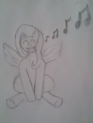 Size: 768x1024 | Tagged: safe, artist:astronomus, fluttershy, pegasus, pony, monochrome, singing, solo