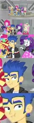 Size: 1920x6854 | Tagged: safe, screencap, flash sentry, sunset shimmer, eqg summertime shorts, equestria girls, good vibes, flash sentry gets all the mares, food, fountain, harem, japanese, looking at you, pouting, screencap comic, shoes, sneakers, sunset sushi, sushi, tenso, waifu stealing, water