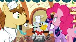 Size: 640x355 | Tagged: safe, derpibooru import, screencap, donut joe, gustave le grande, mulia mild, pinkie pie, twilight sparkle, earth pony, griffon, pony, mmmystery on the friendship express, youtube caption