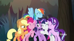 Size: 1920x1080 | Tagged: safe, screencap, applejack, pinkie pie, rainbow dash, rarity, starlight glimmer, twilight sparkle, twilight sparkle (alicorn), alicorn, earth pony, pegasus, pony, unicorn, the mean 6, discovery family logo