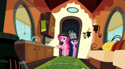 Size: 640x355 | Tagged: safe, derpibooru import, screencap, pinkie pie, twilight sparkle, earth pony, pony, unicorn, mmmystery on the friendship express, deerstalker, duo, female, hat, mare, youtube caption