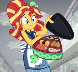 Size: 1160x1073 | Tagged: safe, screencap, sunset shimmer, eqg summertime shorts, equestria girls, good vibes, apron, barrette, bento, clothes, female, food, hair bun, hairclip, hairpin, happi, rice, solo, standing, sunset sushi, sushi, uniform