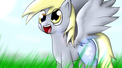 Size: 3840x2160 | Tagged: safe, artist:silvas007, derpy hooves, pegasus, pony, derp, female, field, grass field, mare, smiling, solo