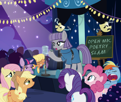 Size: 900x756 | Tagged: safe, artist:pixelkitties, derpibooru import, applejack, fluttershy, maud pie, ms. harshwhinny, pinkie pie, rainbow dash, rarity, twilight sparkle, twilight sparkle (alicorn), alicorn, earth pony, pegasus, pony, unicorn, bored, facehoof, female, mane six, mare, mask, microphone, night, poetry, professionalism, sleeping, spotlight, stage