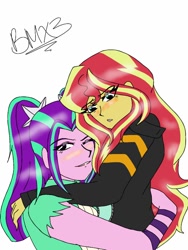 Size: 768x1024 | Tagged: safe, artist:brickercupmasterx3, aria blaze, sunset shimmer, equestria girls, rainbow rocks, clothes, female, hug, lesbian, looking at you, shipping, simple background, smiling, sunblaze