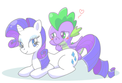 Size: 600x410 | Tagged: safe, artist:mido, rarity, spike, dragon, pony, unicorn, female, heart, male, pixiv, shipping, sparity, straight