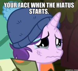 Size: 600x544 | Tagged: safe, edit, edited screencap, screencap, starlight glimmer, pony, unicorn, the mean 6, cropped, female, hiatus, image macro, in-universe pegasister, meme, sadlight glimmer, solo, teary eyes