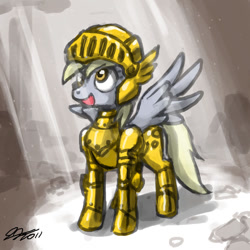 Size: 900x900 | Tagged: safe, artist:johnjoseco, derpy hooves, pegasus, pony, armor, crepuscular rays, crossover, epic derpy, fantasy class, female, gil, gilgamesh, knight, mare, nightmare of druaga, open mouth, smiling, solo, spread wings, tower of druaga, warrior