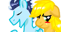 Size: 620x327 | Tagged: safe, artist:greenstylus, applejack, soarin', earth pony, pony, blushing, female, hatless, male, missing accessory, shipping, soarinjack, straight