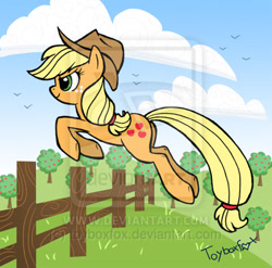 Size: 400x395 | Tagged: dead source, safe, artist:toyboxfox, applejack, bird, earth pony, pony, action pose, cloud, cloudy, deviantart watermark, fence, jumping, obtrusive watermark, solo, tree, watermark