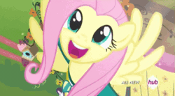 Size: 633x350 | Tagged: safe, screencap, fluttershy, pegasus, pony, filli vanilli, animated, animation error, cute, faic, grin, hub logo, ponytones outfit, shyabetes, smiling, solo, squee