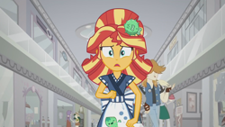 Size: 1920x1080 | Tagged: safe, screencap, derpy hooves, starlight, sunset shimmer, sweet leaf, valhallen, eqg summertime shorts, equestria girls, good vibes, background human, canterlot mall, sunset sushi