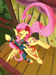 Size: 1000x1333 | Tagged: safe, artist:kolshica, fluttershy, pegasus, pony, filli vanilli, clothes, eyes closed, flying, open mouth, ponytones outfit, smiling, solo, spread wings, stage