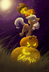 Size: 800x1179 | Tagged: safe, artist:sonicsketch, applejack, earth pony, pony, balancing, jack-o-lantern, night, pile, pumpkin, solo