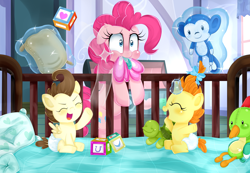 Size: 3216x2228 | Tagged: safe, artist:lucy-tan, pinkie pie, pound cake, pumpkin cake, earth pony, monkey, pony, turtle, baby cakes, babysitting, magic, plushie, scene interpretation, toy