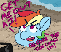 Size: 888x755 | Tagged: safe, artist:threetwotwo32232, derpibooru import, rainbow dash, pegasus, pony, 30 minute art challenge, beach, buried, dialogue, female, mare, solo, sunglasses