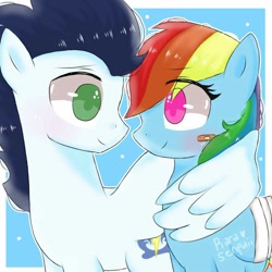 Size: 1000x1000 | Tagged: safe, artist:rarasenpaii, derpibooru import, rainbow dash, soarin', pegasus, pony, female, hug, male, shipping, soarindash, straight, winghug