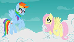 Size: 1024x576 | Tagged: safe, artist:galacticflashd, derpibooru import, fluttershy, rainbow dash, pegasus, pony, cloud, cute, dashabetes, duo, female, flying, looking at each other, mare, shyabetes, sky, spread wings, wings