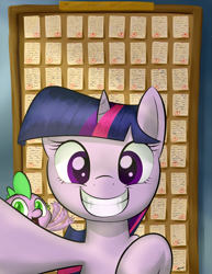 Size: 1275x1650 | Tagged: safe, artist:loosepopcorn, derpibooru import, spike, twilight sparkle, dragon, adorkable, cute, dork, grin, photobomb, selfie, smiling, tests, waving