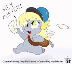 Size: 4500x4000 | Tagged: safe, artist:joey darkmeat, artist:wodahseht, derpy hooves, dragon, absurd resolution, dragonified, postman's hat, running, simple background, solo, species swap, speech, white background