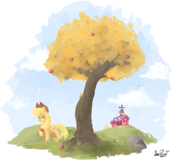 Size: 759x707 | Tagged: safe, artist:datponypl, applejack, earth pony, pony, apple, barn, rock, solo, sweet apple acres, tree